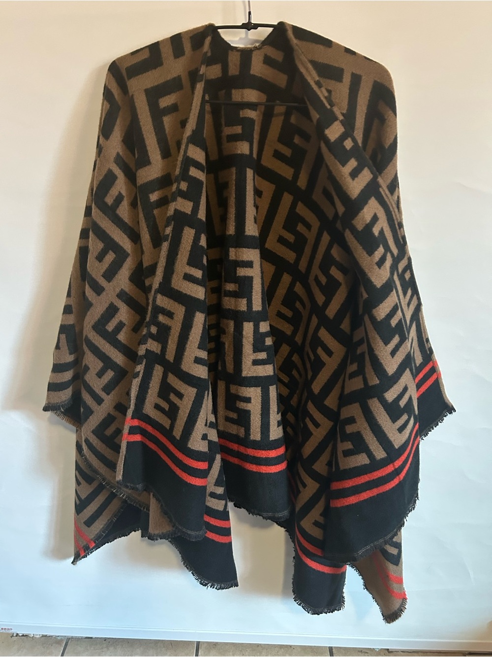 Monogram Pattern Poncho Cape in Brown & Black with Red Stripes